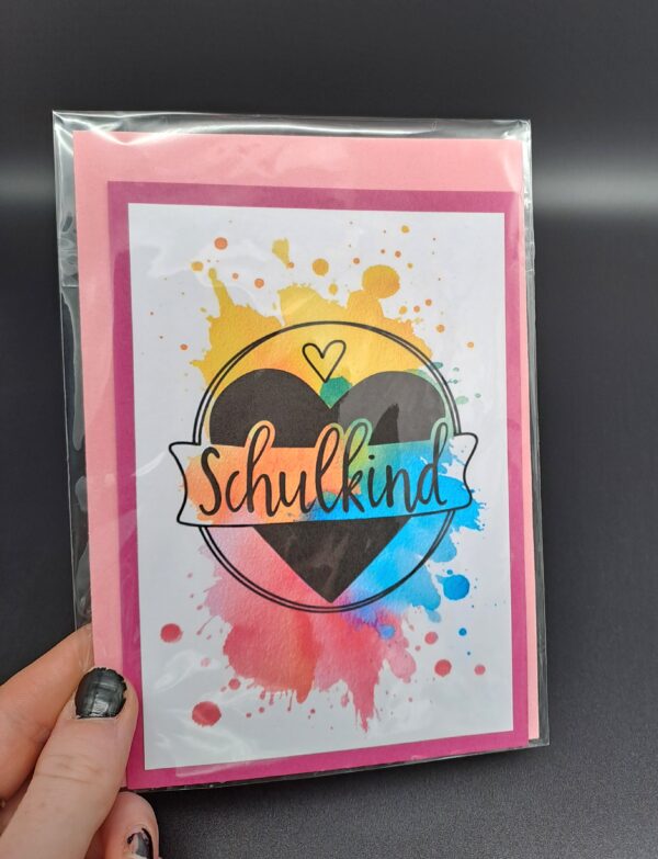 Schulkind Karte mit buntem Aquarellklecks und Herz, inkl. Umschlag – Einschulung – Bild 2
