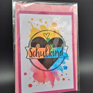 Schulkind Karte mit buntem Aquarellklecks und Herz, inkl. Umschlag – Einschulung