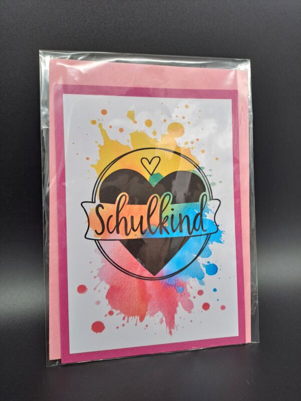 Schulkind Karte mit buntem Aquarellklecks und Herz, inkl. Umschlag – Einschulung