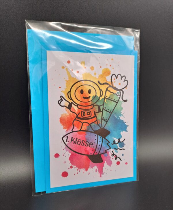 1. Klasse - Karte mit buntem Aquarellklecks und Astronaut für das Schulkind, inkl. Umschlag - Einschulung