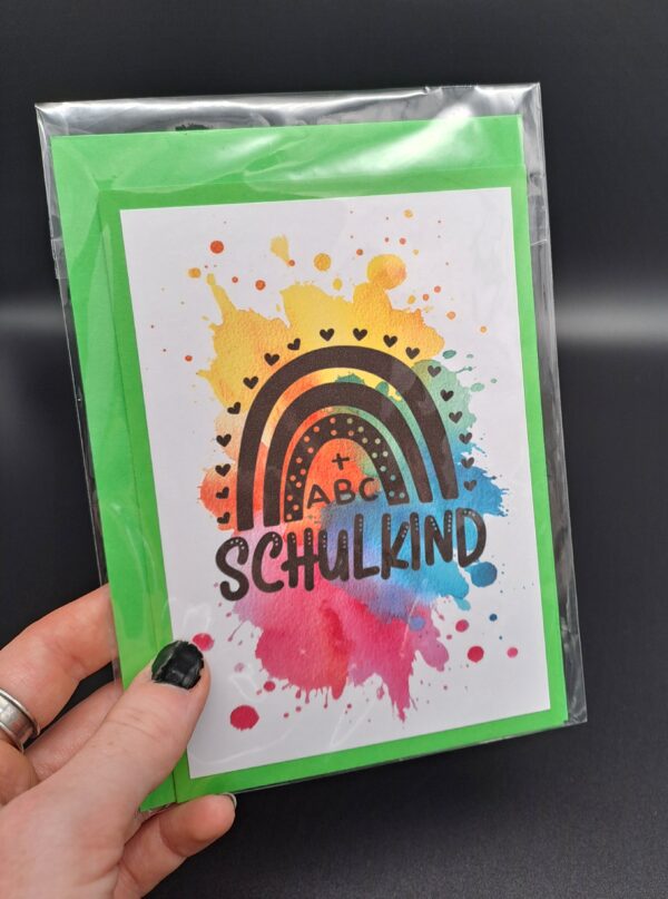 Einschulung - Karte mit buntem Aquarellklecks, Schulkind Regenbogen, inkl. Umschlag – Bild 6