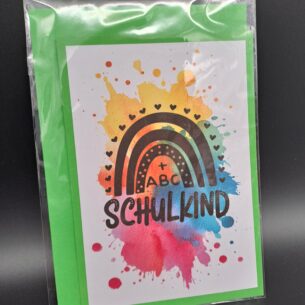 Schulkind Karte mit buntem Aquarellklecks und Regenbogen, inkl. Umschlag - Einschulung