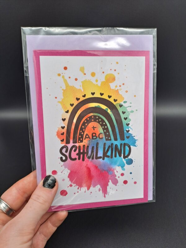 Einschulung - Karte mit buntem Aquarellklecks, Schulkind Regenbogen, inkl. Umschlag – Bild 2