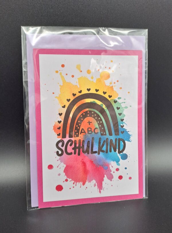Einschulung - Karte mit buntem Aquarellklecks, Schulkind Regenbogen, inkl. Umschlag
